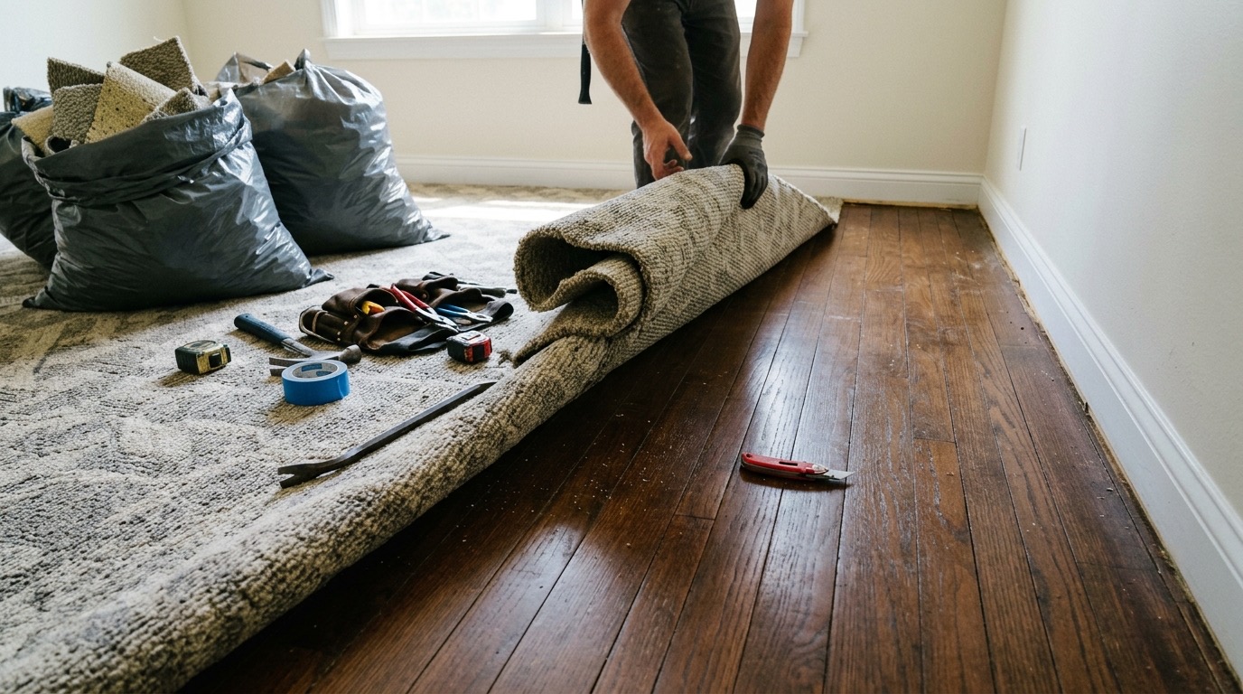 Old carpet being pulled back off hardwood