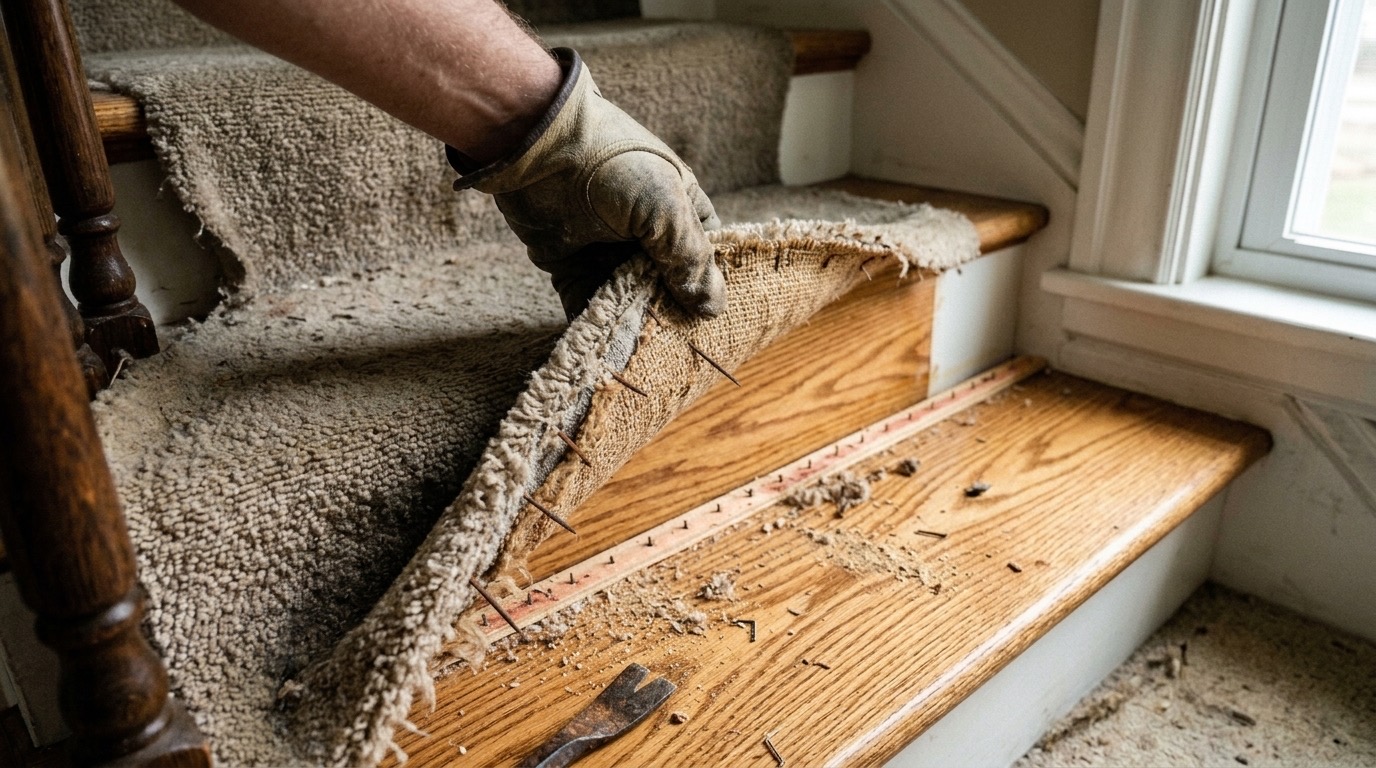 Worn stair treads before refinishing
