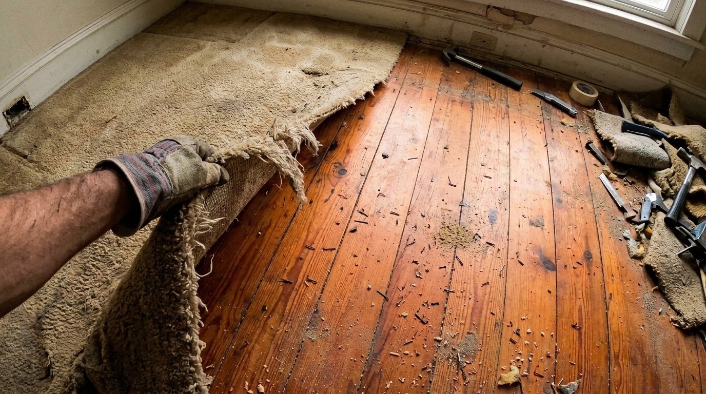 Gloved hands pulling back old carpet