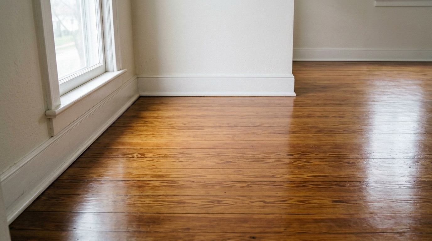 Refinished amber floor beside a window