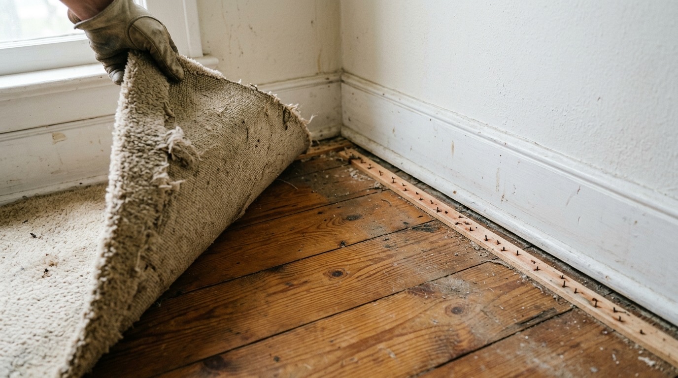 Carpet lifted to reveal hardwood beneath