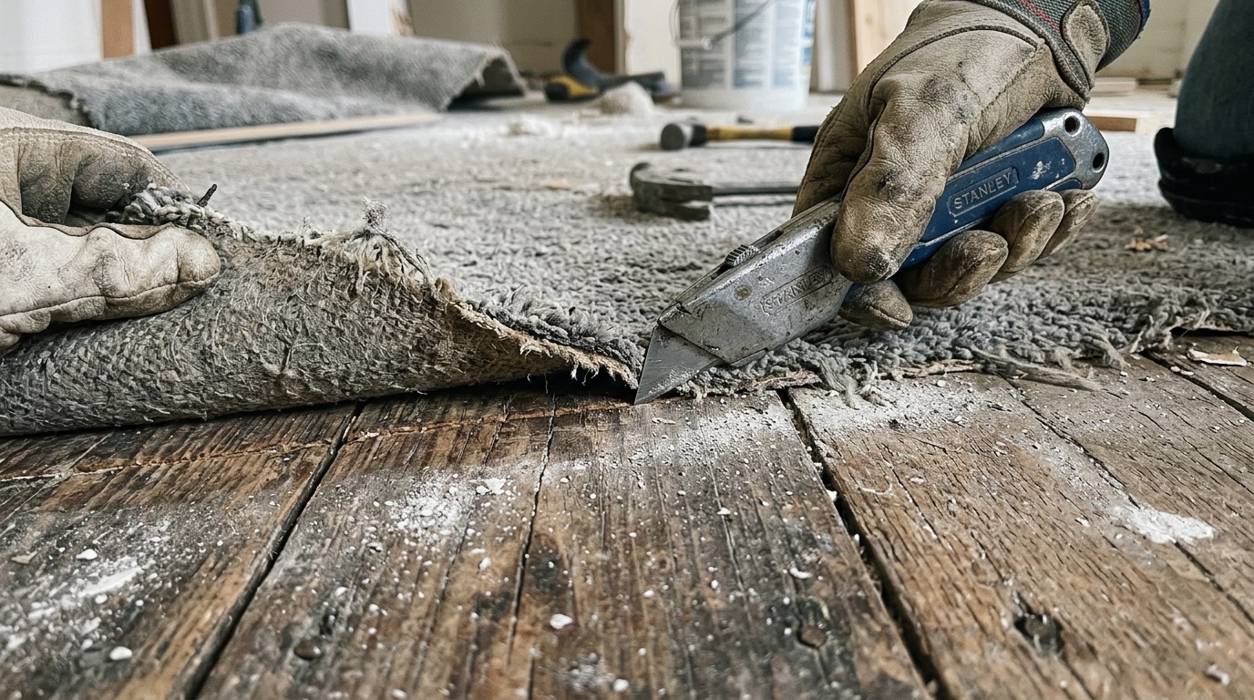 Cutting old carpet away from bare boards