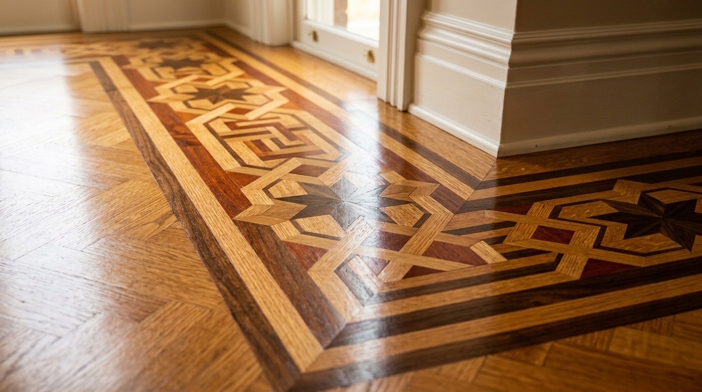 Restored parquet floor with a marquetry border inlay