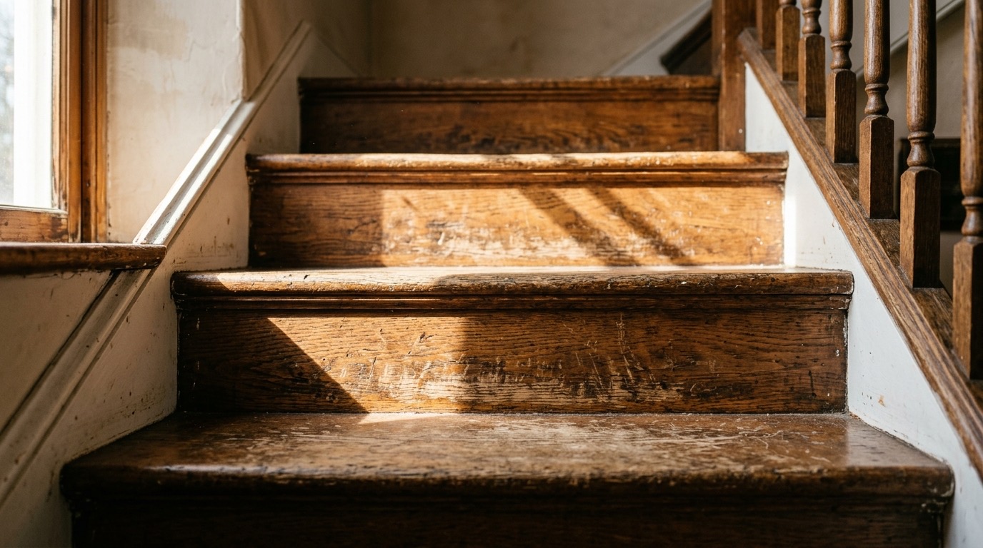 Sunlight across worn stair treads