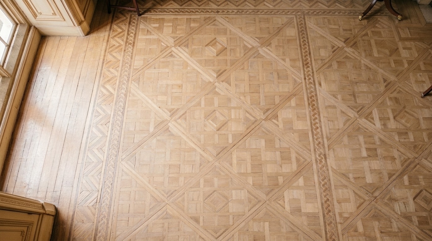 Geometric parquet floor with border inlay in daylight