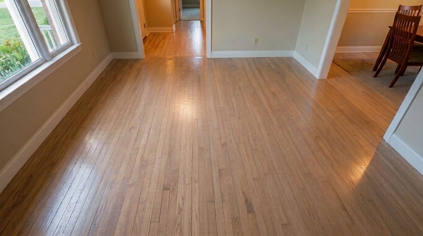 Freshly recoated oak floor running through to the hallway